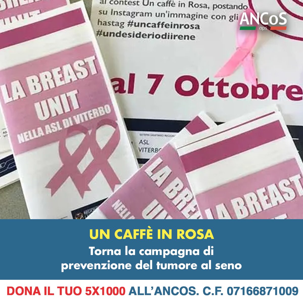 Ottobre è il mese dedicato alla #prevenzione del tumore al seno. Nasce “Un caffè in rosa” che andrà a coinvolgere numerosi bar su tutto il territorio della Tuscia, per raccogliere fondi necessari per progetti destinati a donne operate al seno.

ancos.it/un-caffe-in-ro…
