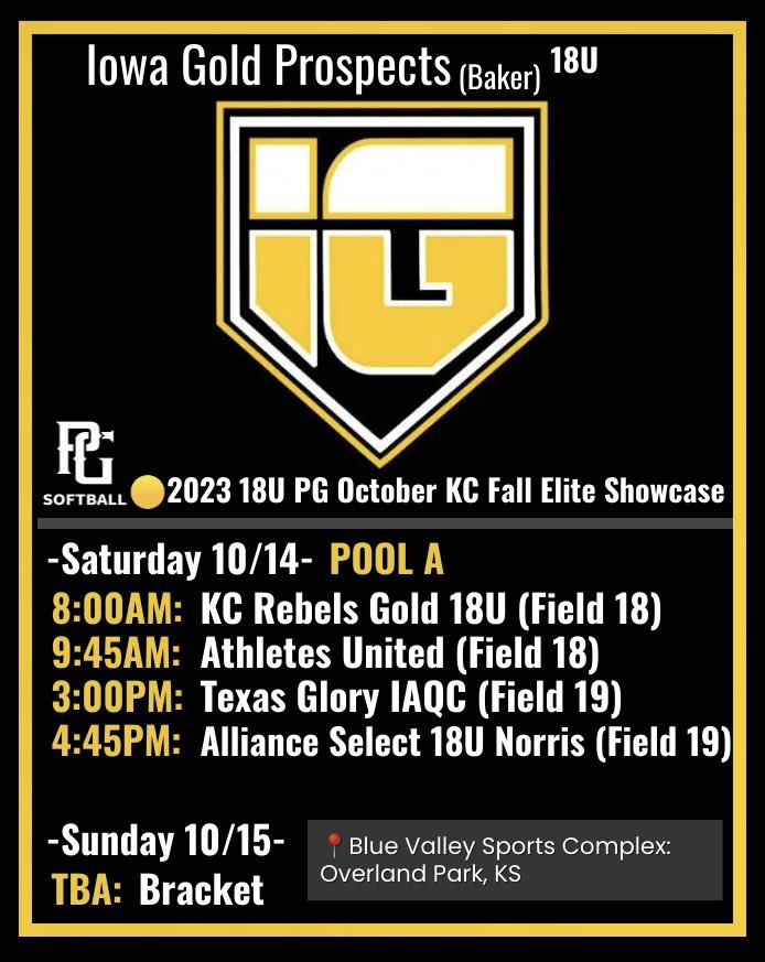 Alicia Baker (@aliciamarie5) on Twitter photo 📍Overland Park, KS bound!
<a href="/PG_Softball/">Perfect Game Softball</a> 18U KC Fall Elite Showcase
<a href="/IAGoldProspects/">Iowa Gold Prospects 18U</a> (Baker) 18U Schedule: 📍Overland Park, KS bound!
<a href="/PG_Softball/">Perfect Game Softball</a> 18U KC Fall Elite Showcase
<a href="/IAGoldProspects/">Iowa Gold Prospects 18U</a> (Baker) 18U Schedule: