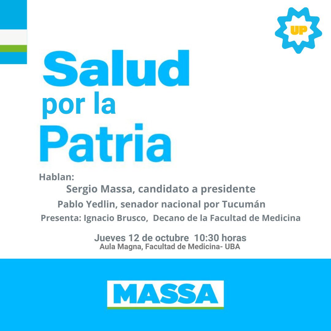 🇦🇷Salud por la Patria 🇦🇷
Con mucha alegria comparto con ustedes la invitación al encuentro "Salud por la Patria" que encabezará nuestro candidato a presidente <a href="/SergioMassa/">Sergio Massa</a> y donde expondré las propuestas en Salud de <a href="/unionxlapatria/">Unión por la Patria 🇦🇷</a> 

<a href="/JuanManzurOK/">Juan Manzur</a> <a href="/OsvaldoJaldo/">Osvaldo Jaldo</a> <a href="/unionpatriatuc/">Unión por la Patria Tucumán</a>