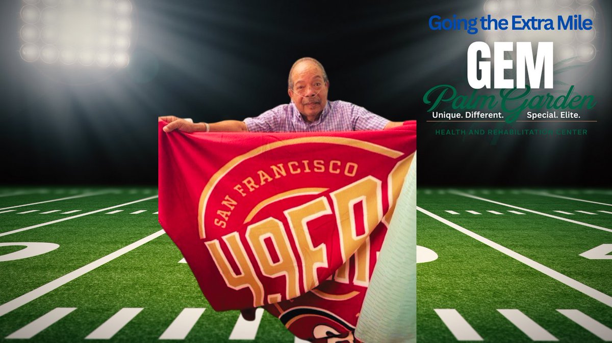 PalmGardenHC's tweet photo. Our caregivers learned Mr. Z is a @49ers fan so they presented his very own #Niners flag. We love you Mr. Z! You are family! #GEM #GoingTheExtraMile #CelebratingLifeStories #WeArePalmGarden #PostAcute #Rehabilitation #LivingCenter https://t.co/xnOCAjcwCy