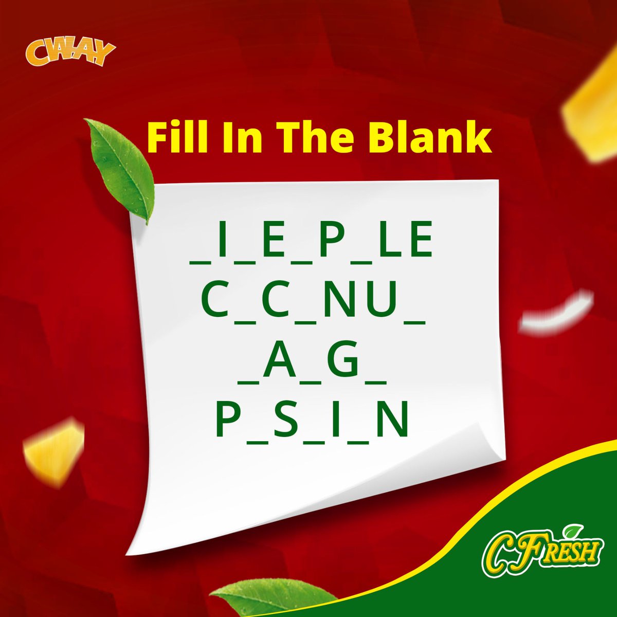 cfreshjuice's tweet photo. Ready for a juicy challenge, CFresh fam?  Let's have some fruity fun and test your knowledge about our brand!

Fill in the blank spaces and comment with your answers. Let's see who can come up with the most correct answers.

Hint: It’s our flavours!

#CFreshFun #FillInTheBlanks https://t.co/Np0nlfb4eq
