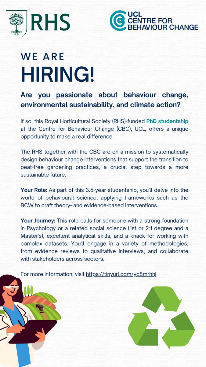 📢 Calling all motivated individuals with a passion for sustainability! This PhD opportunity is for you. Develop skills in behavioural science, contribute to policy change, & promote environmental sustainability. Apply by 15th Oct ⬇️ tinyurl.com/yc8mrhhj