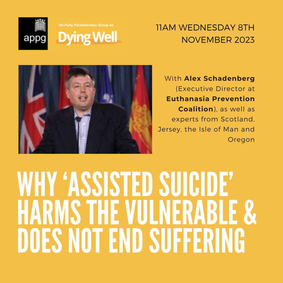 DyingWellAppg's tweet photo. Looking forward to hearing from @AlexSchadenberg at our next APPG event on the 8th November:

(see https://t.co/ZU9PQT9eRg for more information) https://t.co/XBG8OxEb3W
