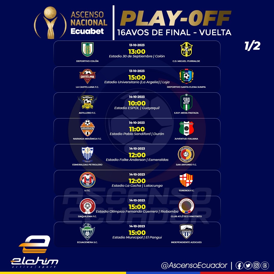 AscensoEcuador's tweet photo. ASCENSO NACIONAL 2023 🇪🇨

✅ PROGRAMACIÓN | PARTIDOS DE VUELTA | 16AVOS DE FINAL 🏆.

#AscensoEcuador #AscensoNacional #AscensoEC #ElohimSport https://t.co/S5C2liBhYz
