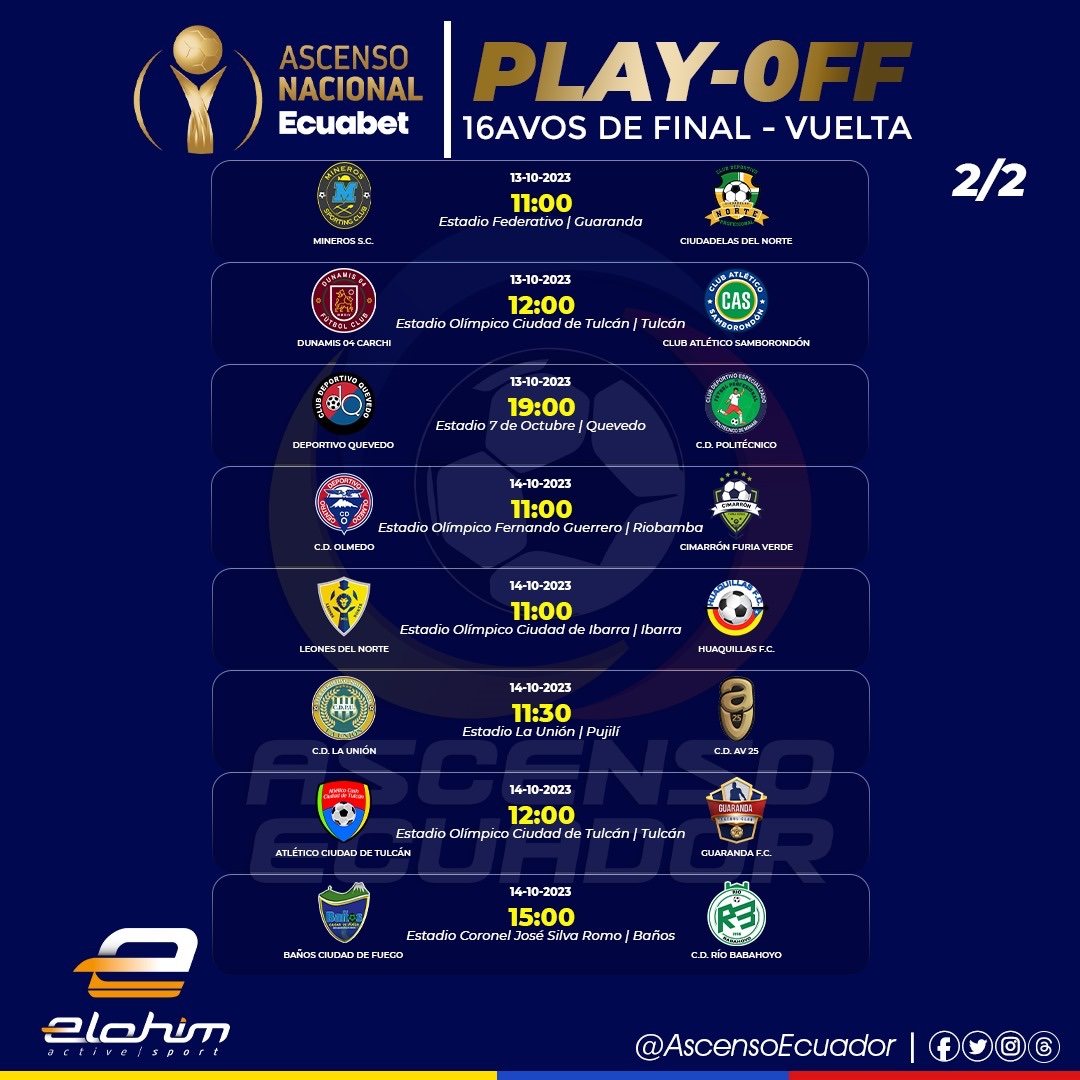 AscensoEcuador's tweet photo. ASCENSO NACIONAL 2023 🇪🇨

✅ PROGRAMACIÓN | PARTIDOS DE VUELTA | 16AVOS DE FINAL 🏆.

#AscensoEcuador #AscensoNacional #AscensoEC #ElohimSport https://t.co/S5C2liBhYz