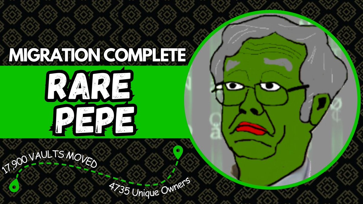 🔐 MIGRATION COMPLETE 🔐

Rare Pepe has been successfully migrated from Emblem Legacy to its own collection.

🐸 17,900 Total Vaults
🐸 1,567 Individual Assets
🐸 4,736 Unique Owners

✅ Lock &amp; Unlock on EmblemFinance
✅ Trade on OpenSea

Available NOW: opensea.io/collection/rar…