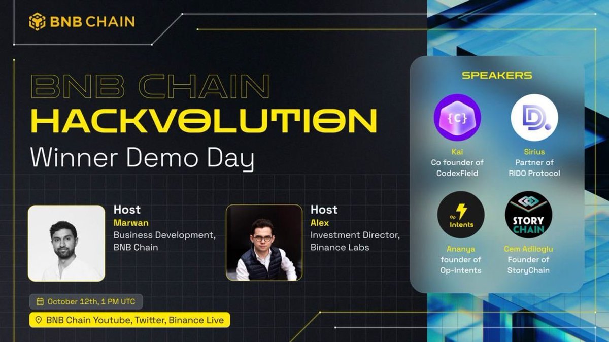 BNBCHAIN's tweet photo. Join us for an exciting Hackvolution Demo Day and win crypto! ๐
๐ Complete simple tasks to win a share of 1,000 USDT: https://t.co/gTATDMFsBw
๐ Ask questions during the livestream to win another share of 1,000 USDT!
๐
12th Oct, 1 PM UTC
๐ https://t.co/JvXqIjpVEy https://t.co/GATlVJsnD2