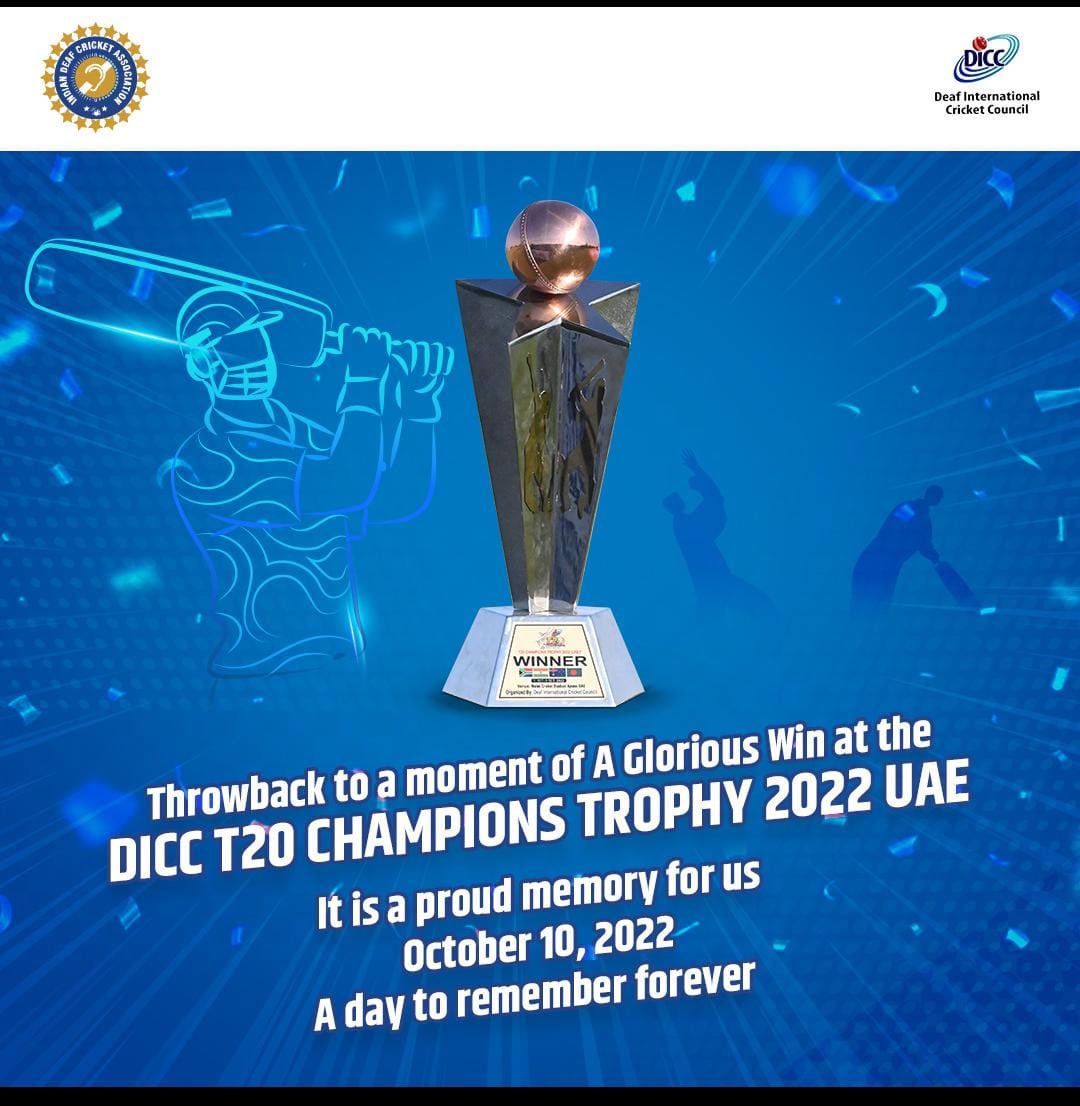 official_idca's tweet photo. Looking back to this day a year back, a moment of glory when Indian team IDCA made our nation proud by winning the DICC T20 Champions Trophy 2022 UAE.
#IDCA #IndianDeafCricketAssociation #ThrowbackMemory #Champions #DICCt20ChampionsTrophy2022 https://t.co/JR5xnRqHCC