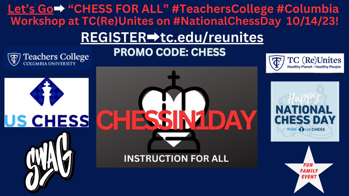 ColumbiaSpec's tweet photo. Don't Miss UR Chance! Learn #Chessin1Day ♟️ Sat. 10/14 #NationalChessDay @TeachersCollege @Columbia @USChess @USChessWomen
#TCCommunity Promo Code "Chess" https://t.co/zRS0JZDkzF https://t.co/bsbXSEaA8W
