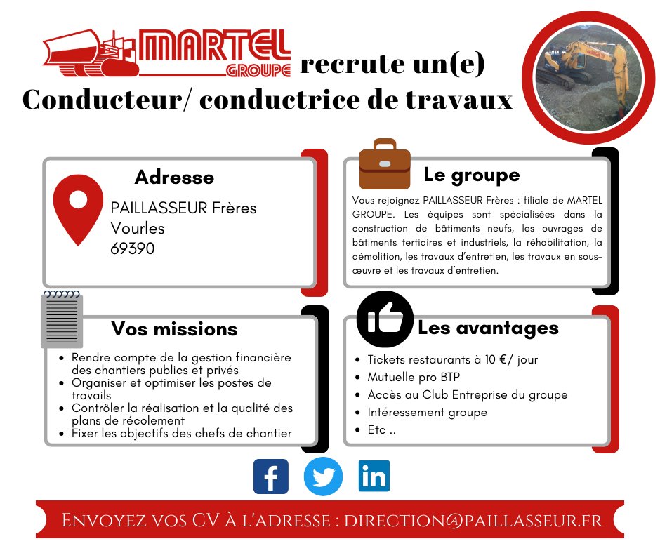 MARTEL Groupe recrute pour sa filiale PAILLASSEUR Frères un conducteur ou une conductrice de travaux en gros-œuvre.
 
Profil :
Vous êtes polyvalent(e), organisé(e), rigoureux(se) et motivé(e). Expérience de terrain apprécié.
📩 Envoyez votre CV à : contact@martelgroupe.fr