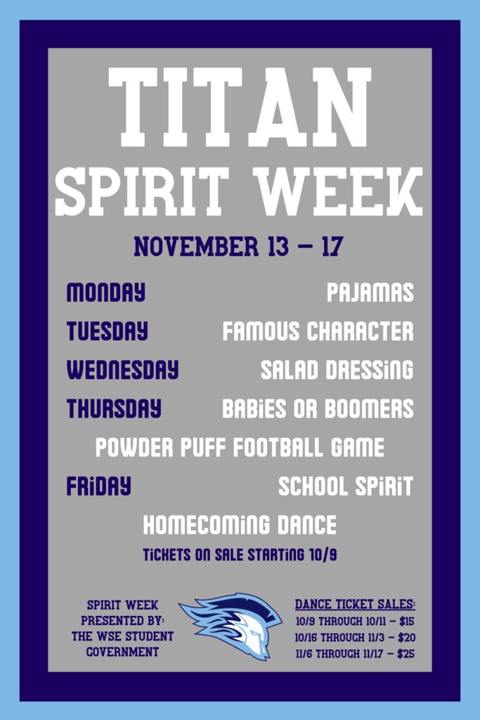 Spirit Week is scheduled for the week of November 13-17. See the attached flyer for specifics.
