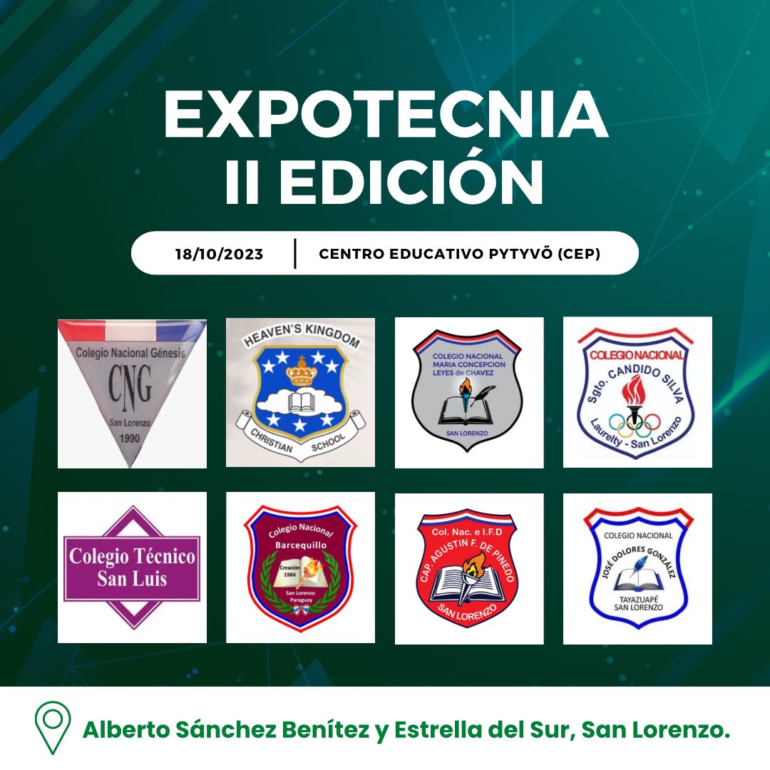 cepoficial__'s tweet photo. EXPOTECNIA II EDICIÓN

La Expotecnia es totalmente gratuita y abierta al público en general. Te esperamos en las instalaciones del CEP (Alberto Sánchez Benítez y Estrella del Sur, San Lorenzo). https://t.co/Da1bKts1Cr