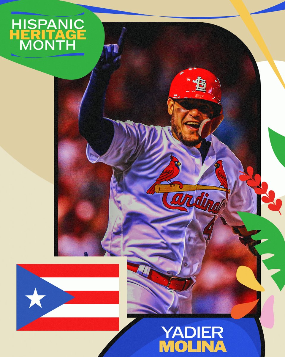 MLB's tweet photo. Yadier Molina was one of the most accomplished catchers in history. He was a 9-time Gold Glove Award winner whose 2,184 games caught are 4th most in AL/NL history. He won 2 World Series with the Cardinals and was named the 2018 Roberto Clemente Award winner. #HHM https://t.co/j8kb7Y5Fpm
