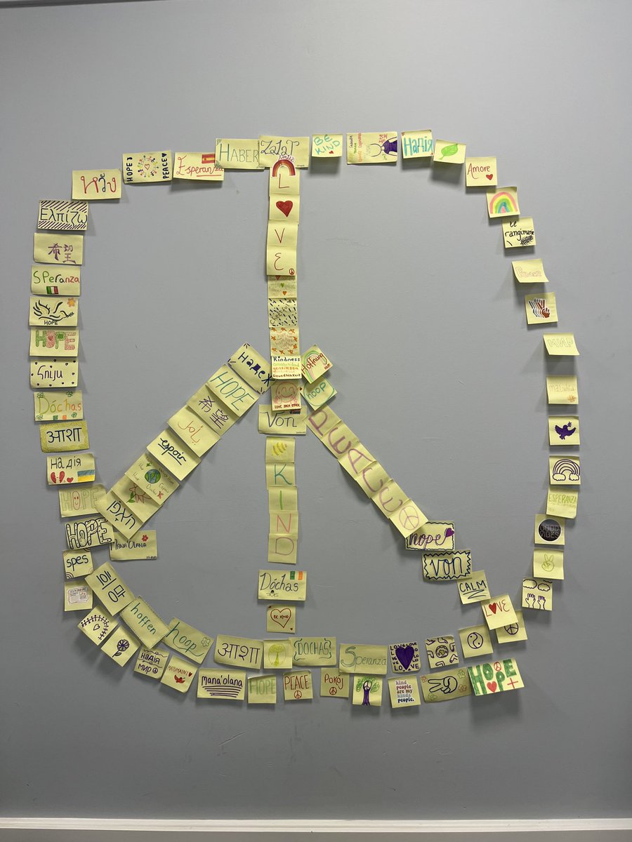 citizen_ehm's tweet photo. Great participation today from BA2 #ExploringCreativePractices  ⁦@StrathEDU⁩ 15min collaborative #Artivism with messages of peace  and hope in these troubling times…&amp;  the yellow is for #worldmentalhealthday❤️‍🩹 #manymakeone 🌏 https://t.co/SUjnlBa9fn