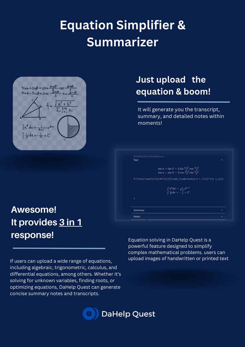 developerswollc's tweet image. Simplify Complex Equations with DaHelp Quest! 📊 Upload your math problems, and watch them transform into clear summaries and transcripts. Get started now! 🔢 
•
•
#MathSimplified
#EnhancedLearning
#FreeTrial
#StudySmart
#DaHelpQuest 
#PDFChat 
#studywithDaHelpQuest 
#students