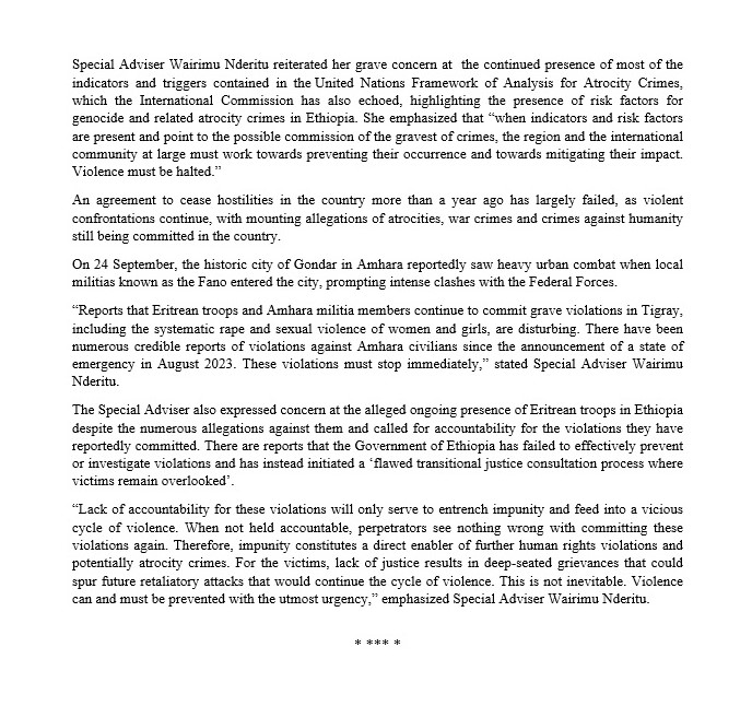 UN Genocide Prevention (@unosapg) on Twitter photo 📍 Latest statement by <a href="/UN/">United Nations</a> Under-Secretary-General & Special Adviser on the Prevention of Genocide <a href="/WairimuANderitu/">Alice Wairimu Nderitu</a>, warning of heightened risk of #genocide & related atrocity crimes amid increased violent clashes in Tigray, Amhara, Afar, Oromi 🇪🇹⤵️
📰🔗 un.org/en/genocidepre… 📍 Latest statement by <a href="/UN/">United Nations</a> Under-Secretary-General & Special Adviser on the Prevention of Genocide <a href="/WairimuANderitu/">Alice Wairimu Nderitu</a>, warning of heightened risk of #genocide & related atrocity crimes amid increased violent clashes in Tigray, Amhara, Afar, Oromi 🇪🇹⤵️
📰🔗 un.org/en/genocidepre…