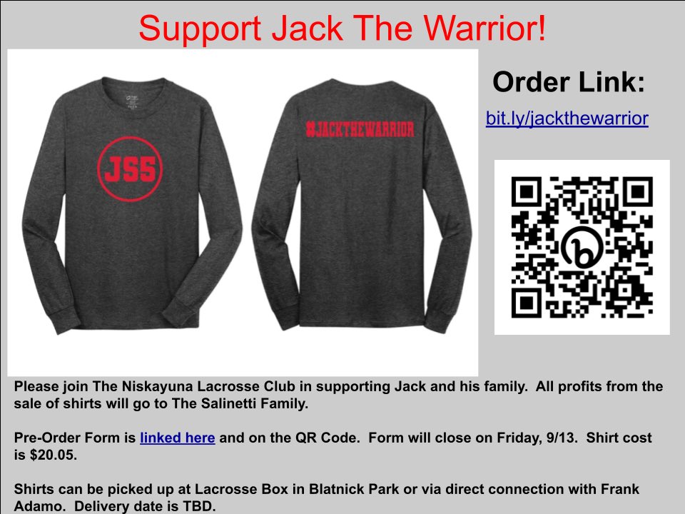 LaxNisky's tweet photo. Dear Niskayuna Families, 
   As you know, Jack Salinetti, a long-time Niskayuna Lacrosse player and a 4th grader at Birchwood, is currently fighting Leukemia for the second time. Please consider supporting Jack by purchasing a T shirt. All profits go to the family. TY
@26_win https://t.co/JK6fkzEApD
