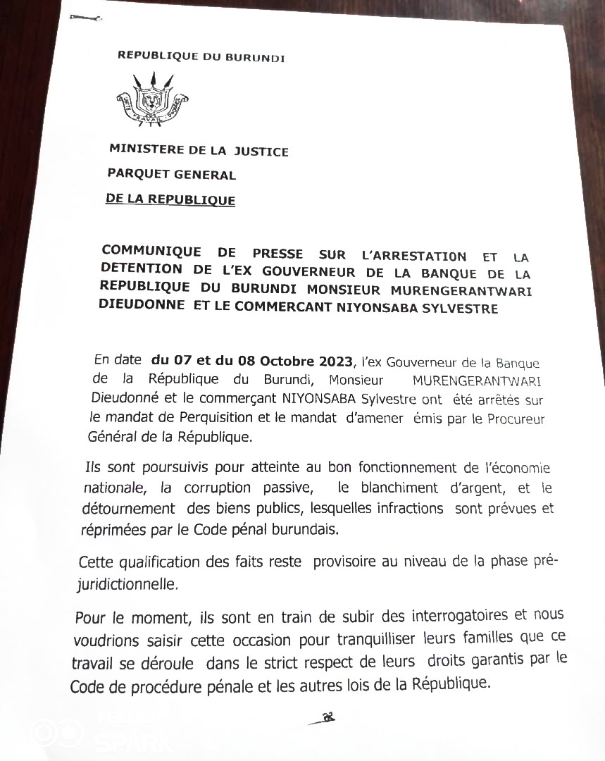 BurundiNet1's tweet photo. #Burundi Le PG de la Rép annonce l'arrestation et la détention de l'ex-Gouverneur de la @BankiNkuru #DieudonnéMurengerantwari poursuivi pour atteinte au bon fonctionnement de l'économie nationale, la  #CorruptionPassive, le #BlanchimentDArgent et le détournement des biens publics https://t.co/xX76e6sjVC
