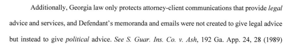 kyledcheney's tweet image. JUST IN: Georgia prosecutors say Ken CHESEBRO cannot claim his elector memos are attorney-client privileged because:

1) He shared them widely
2) They were political, not legal
3) Crime-fraud exception (grand jury indicted)

s3.documentcloud.org/documents/2402…