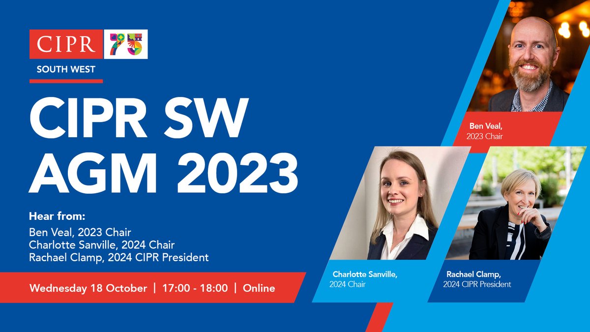 Recovered from all of that #PRideSCI fun yet? 

Join us on October 18th at our virtual South West AGM to hear about our fantastic plans for the year ahead and to elect your CIPR South West Committee Officers for 2024. 

Register here 👇

cipr.co.uk/CIPR/Events/Ev…

#CIPRSW