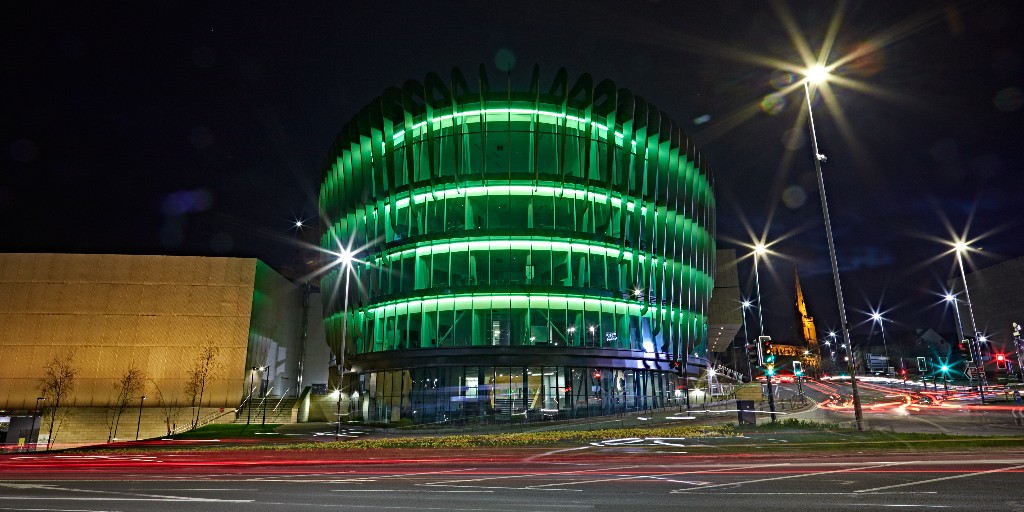 In support of World Mental Health Day, our Oastler building will be illuminated green this evening. This year's theme 'mental health is a universal human right’ looks to address the inequalities in mental health and work towards good mental health for all.

<a href="/mentalhealth/">Mental Health Foundation</a> #WMHD23