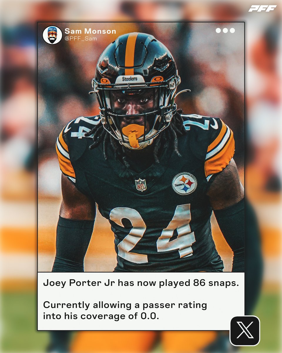 PFF_Steelers's tweet photo. Joey Porter Jr.'s passer rating allowed this season:

0.0

😤 https://t.co/WiH2HetZQl