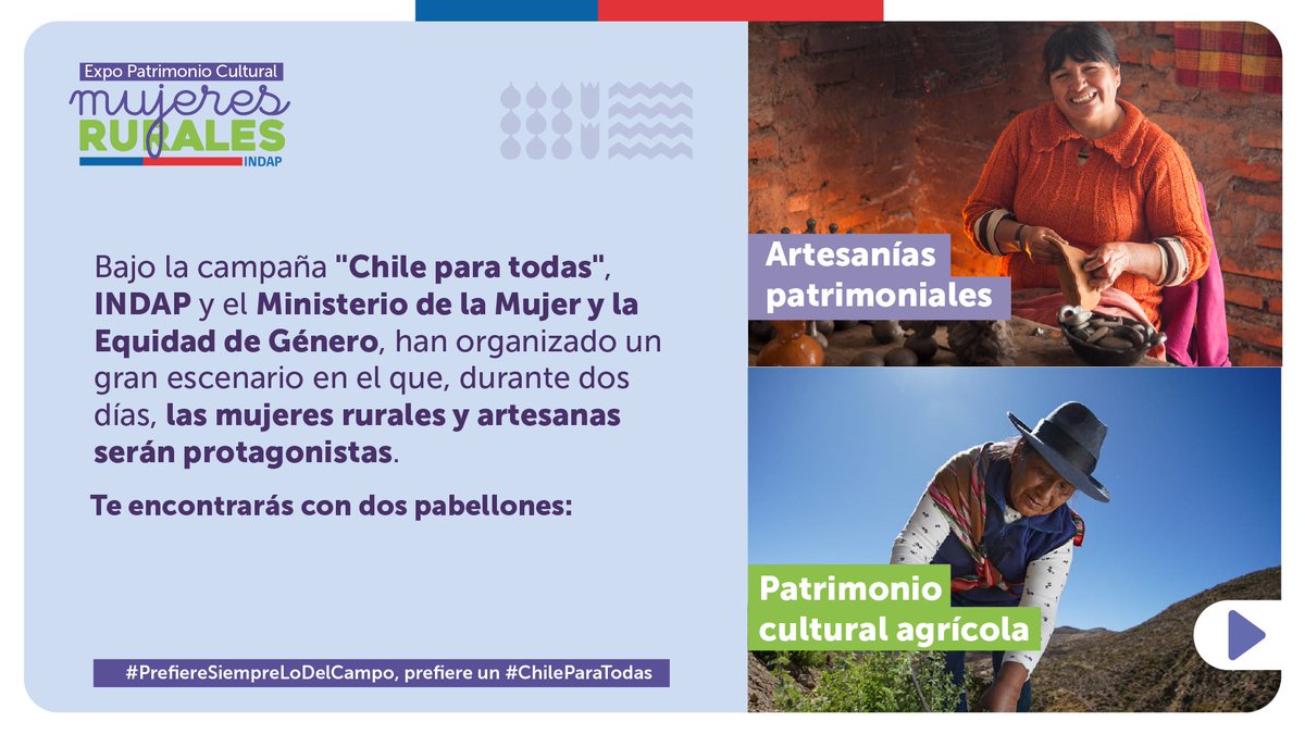 INDAP_MAULE's tweet photo. Este 11 y 12 de octubre, la Plaza de la Constitución -Santiago- se vestirá de campo y las mujeres  serán las protagonistas en la Expo Patrimonio  Cultural #MujeresRurales https://t.co/Xgiea9ZS8D