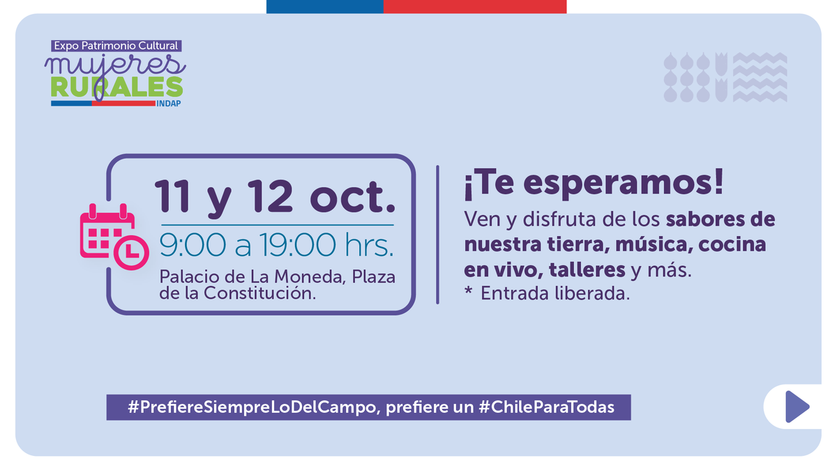 INDAP_MAULE's tweet photo. Este 11 y 12 de octubre, la Plaza de la Constitución -Santiago- se vestirá de campo y las mujeres  serán las protagonistas en la Expo Patrimonio  Cultural #MujeresRurales https://t.co/Xgiea9ZS8D