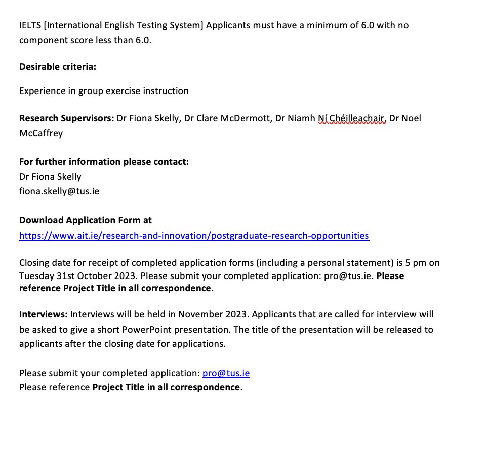Fiona Skelly, PhD (@skelly_fiona) on Twitter photo PHD opportunity in TUS Athlone.
Just a couple of weeks left to apply. This project will look at the promotion and impact of exercise for post-menopausal women in Ireland.
Closing date for applications is Oct 31st.
@SHEResearch_TUS <a href="/Niamhnic4/">NiamhNíChéilleachair</a> <a href="/claremcd15/">Clare McDermott</a> PHD opportunity in TUS Athlone.
Just a couple of weeks left to apply. This project will look at the promotion and impact of exercise for post-menopausal women in Ireland.
Closing date for applications is Oct 31st.
@SHEResearch_TUS <a href="/Niamhnic4/">NiamhNíChéilleachair</a> <a href="/claremcd15/">Clare McDermott</a>