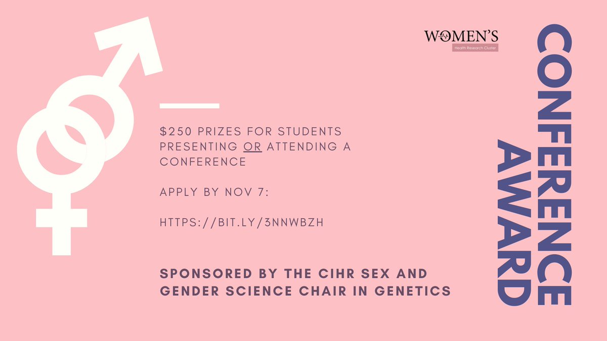 The countdown is on! 👊 Applications for WHRC's trainee Conference Award is OPEN and offering $250 for #sexgenderdifferences and #womenshealth conferences! 🤗Apply now to cover registration and/or travel expenses. 🗓️Deadline Nov 7. Apply at bit.ly/3NNwbzH #WHRC #Research