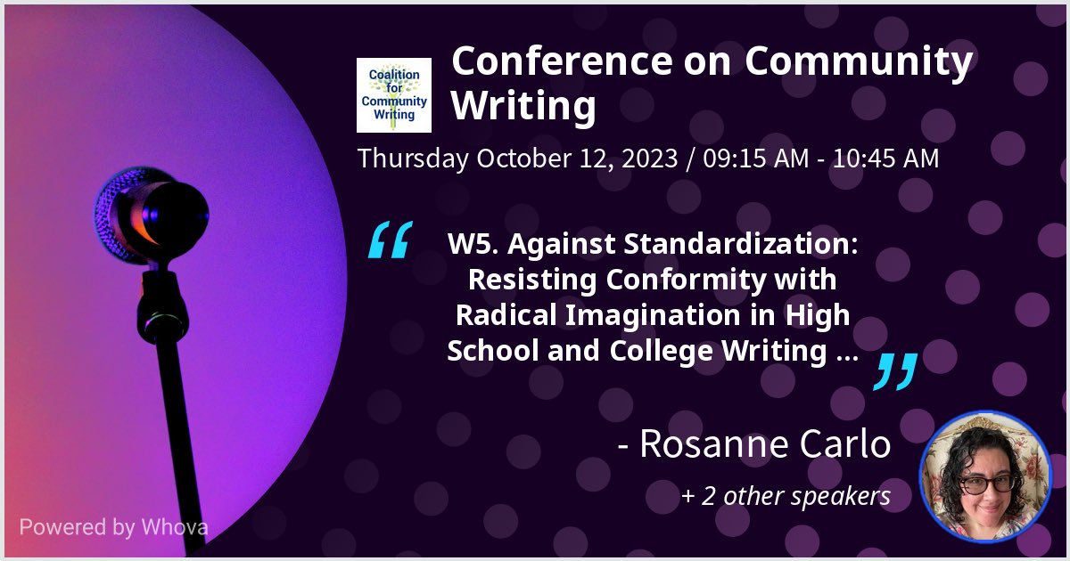 I am speaking at Conference on Community Writing. Please check out my talk if you're attending the event! <a href="/ccw_community/">Coalition for Community Writing</a> #CCW2023 - via #Whova event app