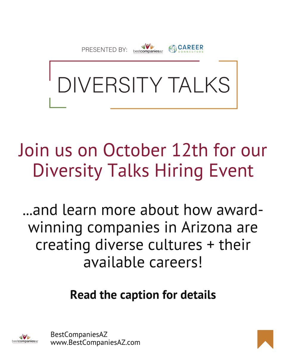 Join us for Diversity Talks Event on October 12th! 🌟

Connect with Arizona's most diversity-committed companies. Register here: app.careerconnectors.org/diversity 🤝🌎 #DiversityEvent #CareerOpportunities #Inclusion