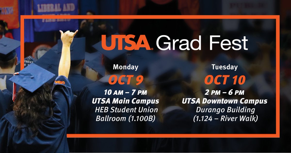 UTSAOneStop's tweet image. Don't forget today is the last day of #UTSAGradFest, fall graduates! Join us at the Downtown Campus between 2-6pm and get all your questions answered about graduation and commencement! #UTSAGrad23 utsa.me/3Za5KKN