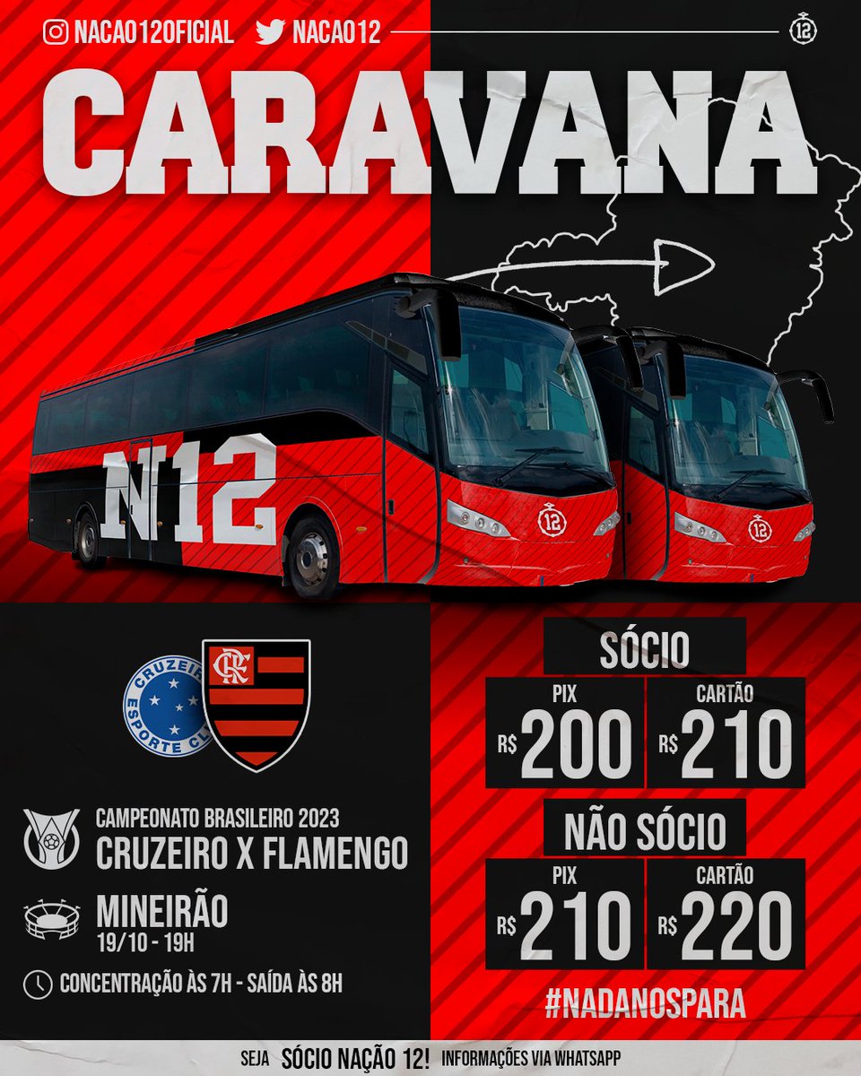 Nacao12's tweet photo. BORA PRA MAIS UMA APOIANDO O MAIS QUERIDO!

🚍 Caravana Nação 12 🚍
 
FLAMENGO x cruzeiro 

🏟  Mineirão - 19/10

Saída: 19/10 - 8h
Volta: Após a partida 

⚠ Todos os valores abaixo são por pessoa e sem ingresso.
Pagamento Imediato

Sócio:
R$200,00💵
R$210,00 💳 
 
Não Sócio:
R$210,00 💵
R$220,00 💳

Podendo parcelar em até 2x s/j ou até 10x c/j.

==========================
Para confirmar sua presença e comprar sua caravana, entre em contato com o nosso whatsapp: 

https://t.co/hAf3nYklBw
==========================
⚠ Todos os valores informados estão sujeitos a disponibilidade e/ou alteração sem aviso prévio.
⚠ A Nação 12 não se responsabiliza caso não consiga ingressos.
⚠ Não há reembolso.
==========================

Vem com a 12!

☝🏾✌🏾🚩🏴🥁
