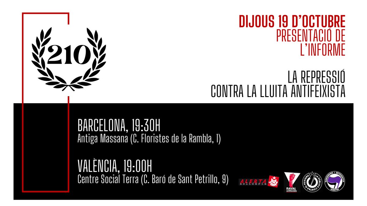 🔴⚫ La realitat de la repressió política a l'antifeixisme dels Països Catalans.

Presentem, a #Barcelona i a #València, una nova eina per a la millor comprensió de la maquinària repressiva de l'Estat i per reforçar la lluita popular.

#InformeAntifa #AntifeixistesPPCC