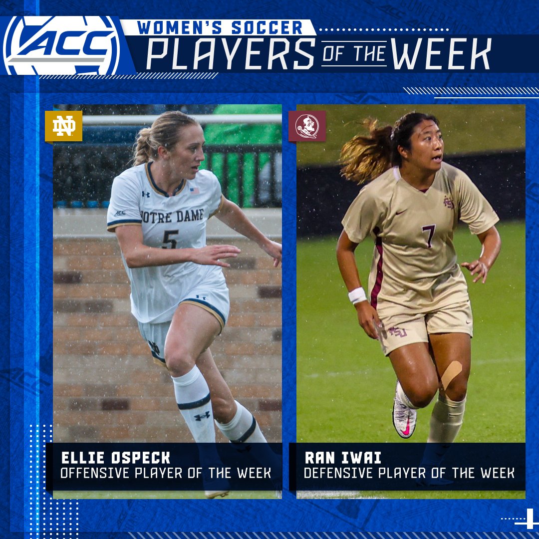 Players of the Week ⚽️ Offensive: Ellie Ospeck ⚽️ Defensive: Ran Iwai 📰 theacc.co/23wsocpotw8