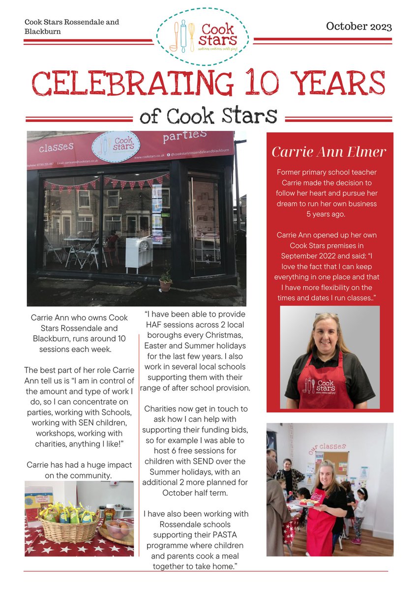 Read all about our lovely franchisee Carrie-Ann who has her own Cook Stars cookery school!  

#cookstars #10years #10yearsofcookstars #funclasses #bestjob #cookingclasses #childrenscookinglessons #10yearanniversary #anniversay #cookingfranchise #runyourownbusiness