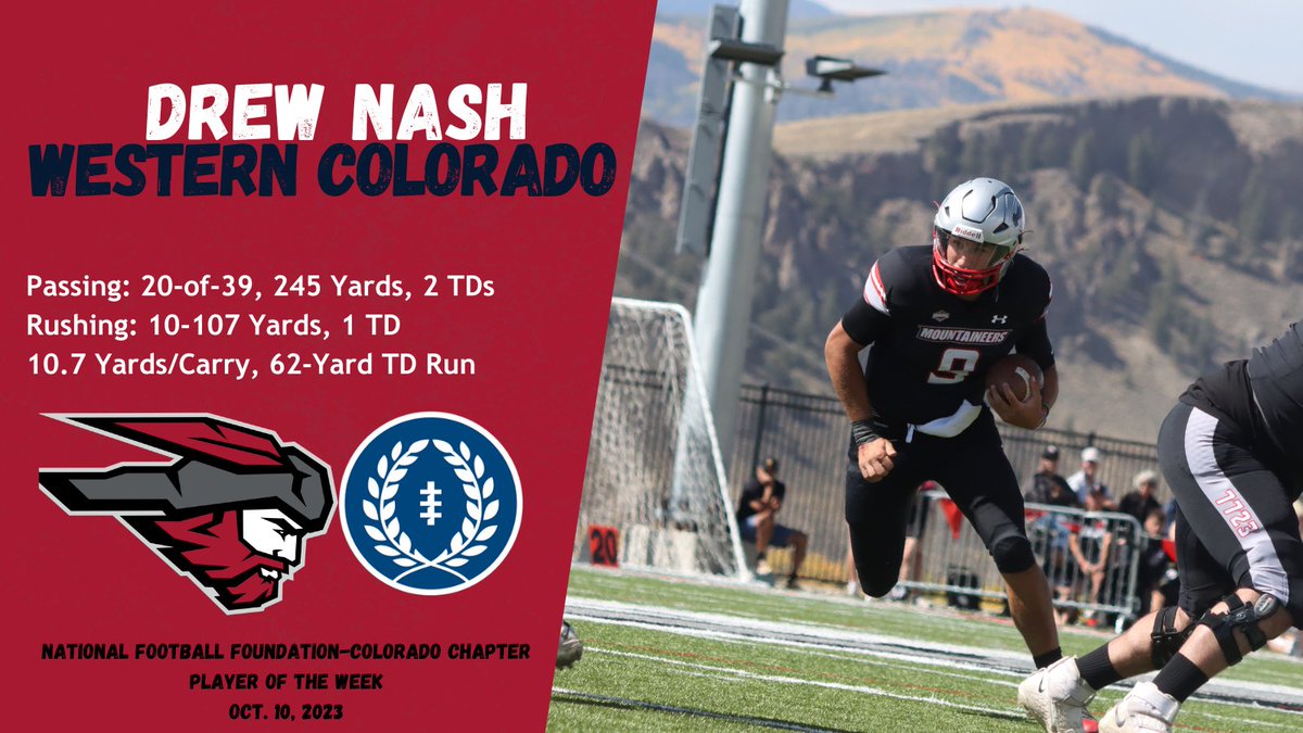 Drew Nash of @MountaineerFB led the Mountaineers to a 43-20 win at SD Mines after throwing for 245 yards, 2 scores (0 INTs), & rushing 10x for 107 yards, including a 62-yard TD run!😤 ✅ @NFFNetwork Colorado Chapter Week 6 Player of the Week! #ColoradoFootball @WCUMountaineers