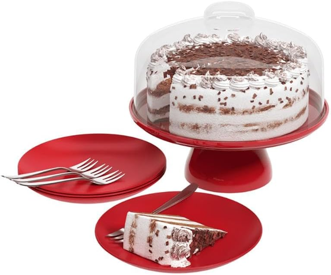 Kit Boleira + 4 Pratos + 4 Garfos Torta, Vermelho Bold, Coza