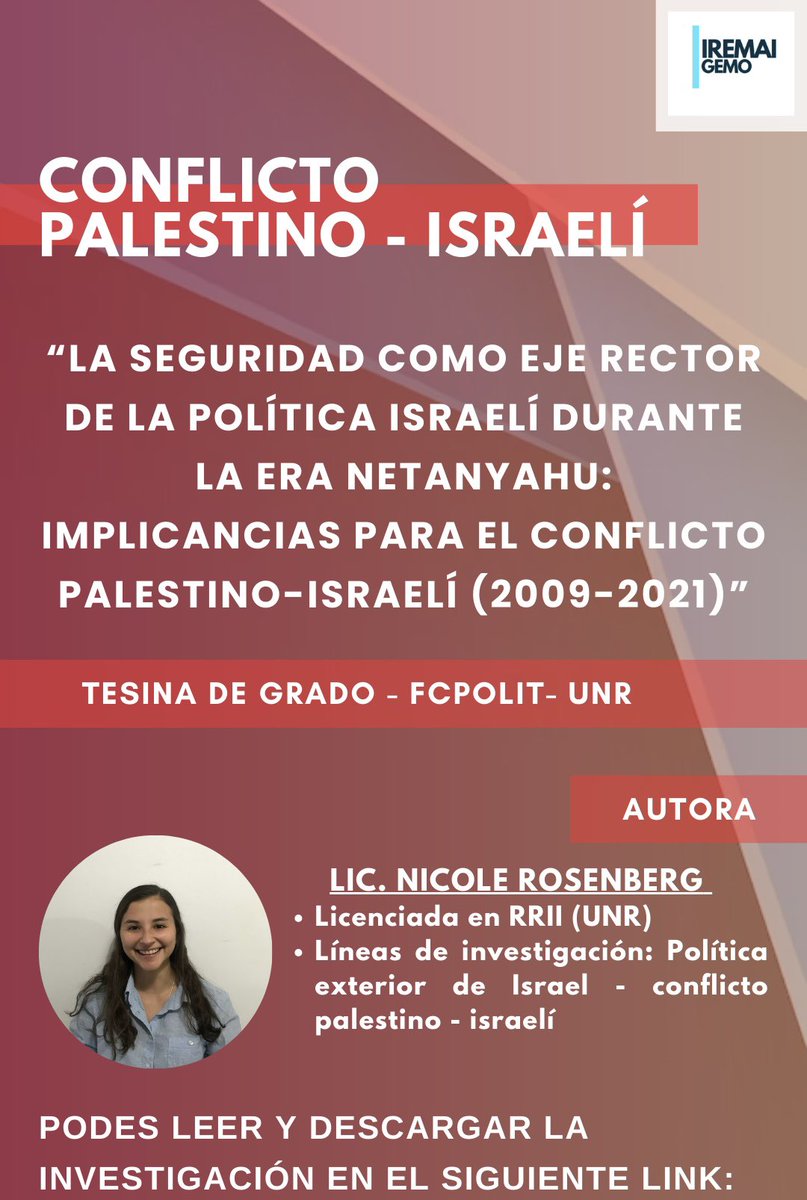 iremai's tweet photo. En este link vas a poder acceder a la tesina de grado de la Lic. Rosenberg, actual investigadora del IREMAI - GEMO.

https://t.co/SI5mMLBCXS

¡Una gran lectura para comprender el panorama del conflicto!

#PalestineWar #IsraelWar 

@rosenbergnicole https://t.co/xGzPwATbRi