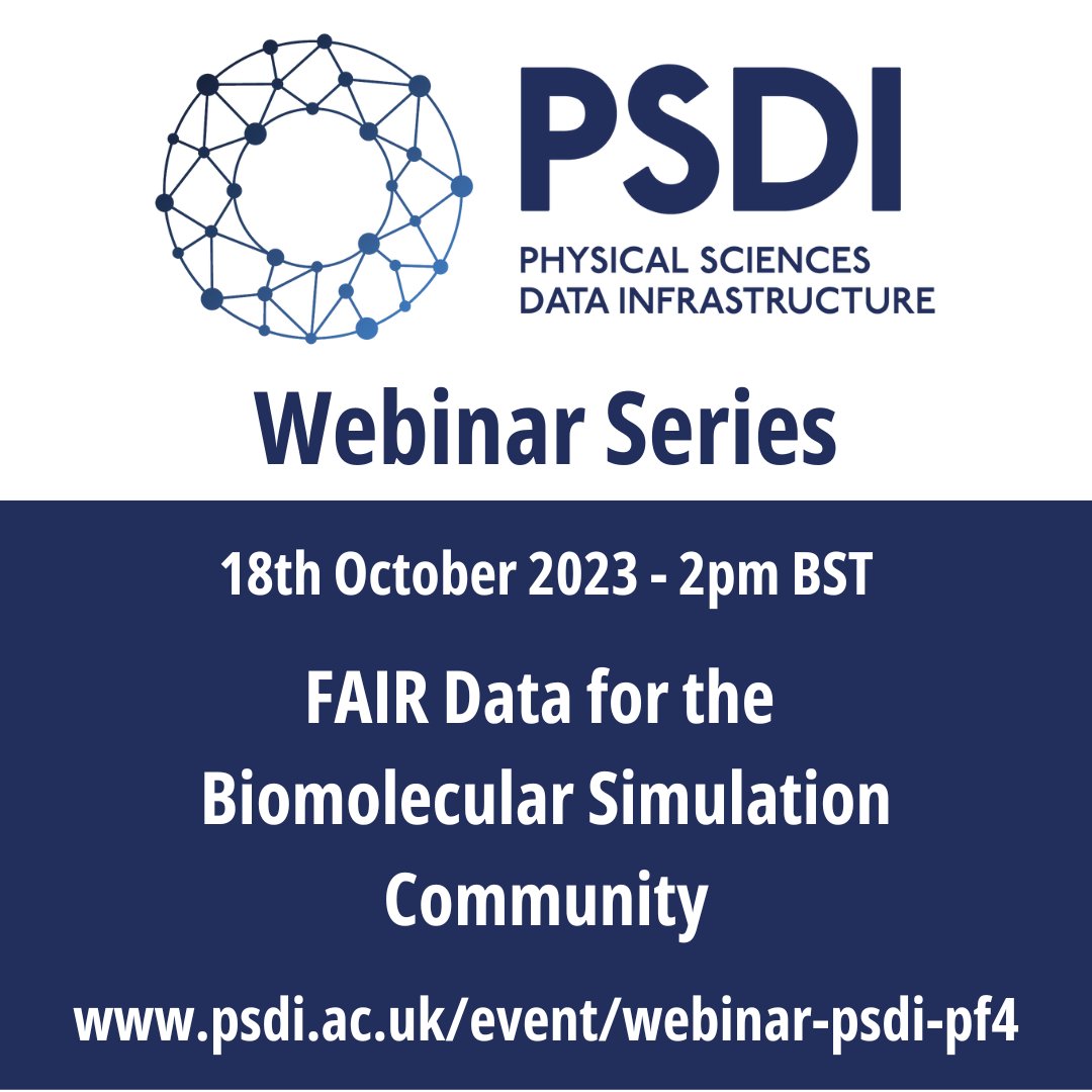 PSDI_UK's tweet photo. Sign up now for our next webinar on #FAIR for #biomolecular #Simulation on 18th Oct 2pm
Hear James Gebbie and Jas Kalayan from @SciComp_STFC talk about their work to create reproducible simulation pipelines through #AiiDA plugins
https://t.co/cOZhRXSgm9 https://t.co/ExacbC2dGg
