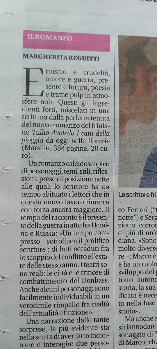 Oggi pagine Culture del Messaggero. Veneto: I cani della notte di Tullio Avoledo edito da Marsilio.