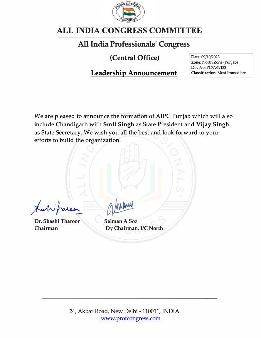 ManakVijaySingh's tweet photo. I'm humbled to have been appointed as Secretary AIPC-Punjab by @ShashiTharoor and @SalmanSoz ji. Just a beginning of an incredible journey with @smitsinghindia as the President AIPC-Punjab. @ProfCong @AalimJaveri #professionalsforcongress https://t.co/trrhGcAcDL