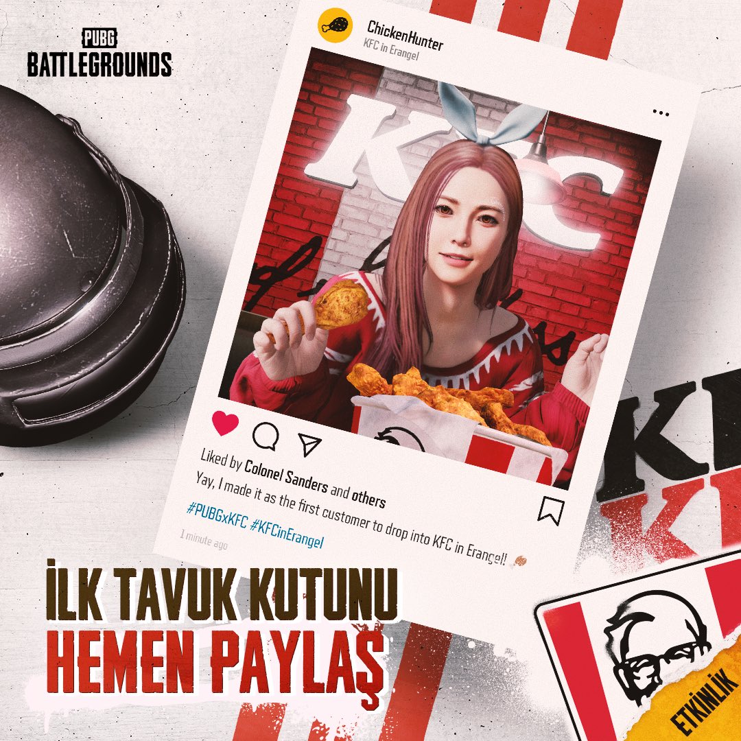 PUBG_TUR's tweet photo. KFC Erangel restoranının açılışı şerefine birbirinden özel ödüller kazan! 🍗

🔹 Maçlarda Erangel'deki KFC'lerden birinde büfeyi ilk kullanan sen ol.
🔹 Hashtag etkinliğine katılarak (#FCFS_EU) Tavuk Kutunla caka sat.

Ayrıntılar için: https://t.co/kJccIfFLpZ https://t.co/xq7EcrtiLS