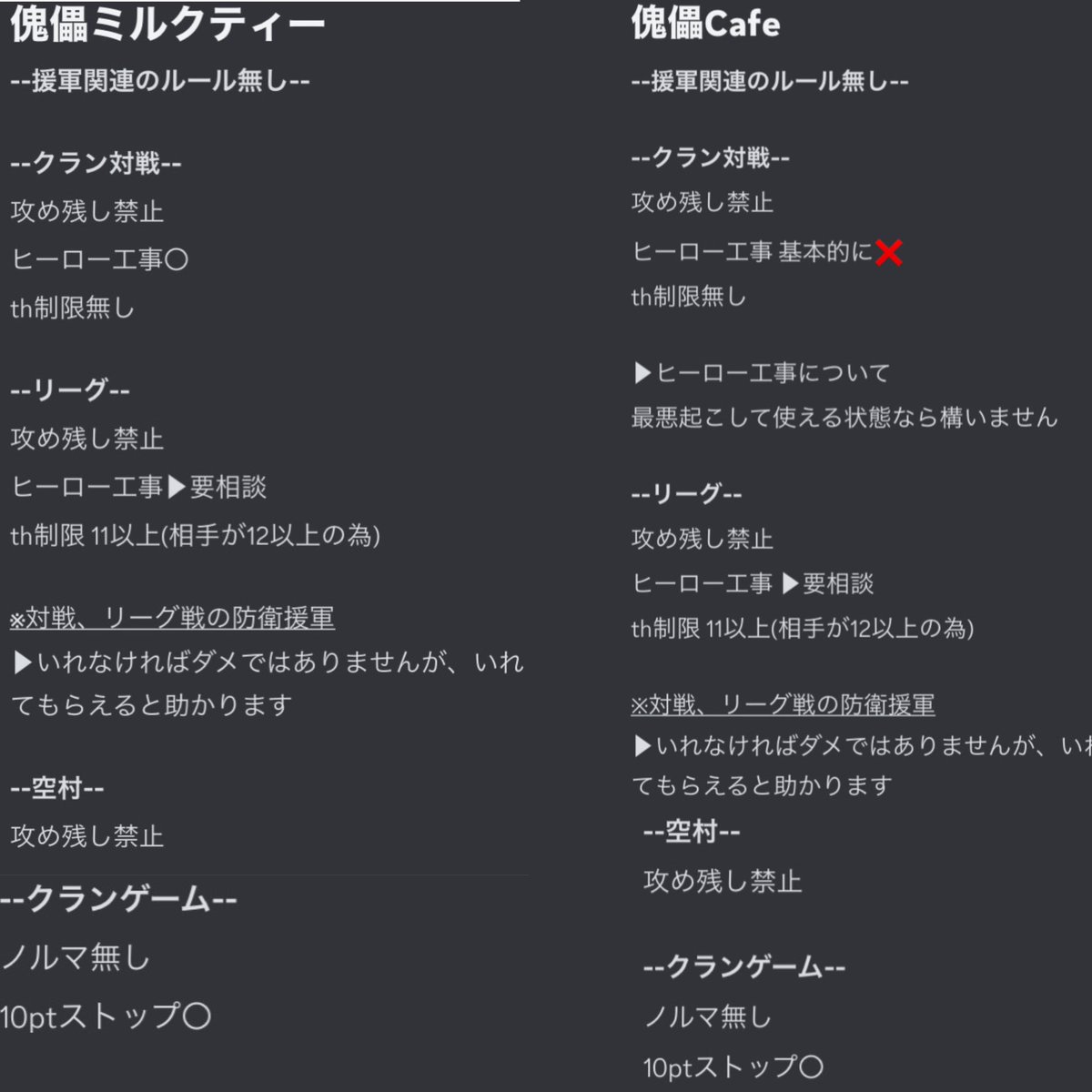 Kairai_M's tweet photo. ミルクティー＆Cafeクラメン募集☕*°

内容は画像に全て含まれてます！質問等ありましたら気軽にお願いします
助っ人さんは、discord不要です🙏🙏

🌟2023.10.11〜 クラン形態変更🌟

傀儡ミルクティー♣️ https://t.co/FkYWil7pJI

傀/儡❤Cafe♣️ https://t.co/T44lZljNBH

 #クラクラ  #傀儡MT https://t.co/5rAe2IrHuI