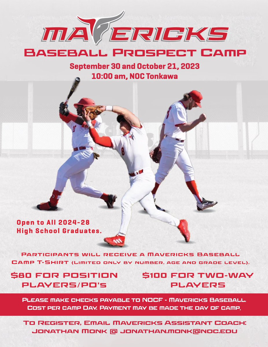 🚨PROSPECT CAMP 🚨

October 21st is right around the corner, this is our last camp of the fall! Spots are limited!

Come showcase your talents and skills in front of coaching staff, we’re excited to see Future Mavericks on campus!
Camp Link: playnsports.com/event/noc-tonk…

#TonkBoys🤘🏻