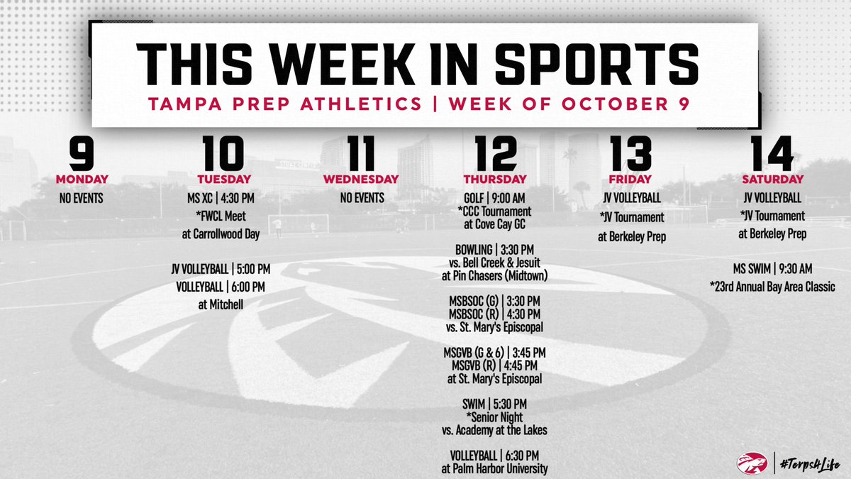 TPrep_Athletics's tweet photo. 🗓 Good morning Terps! Here’s a look at this week’s athletic schedule. Have a fantastic week! #GoTerps 🐢 https://t.co/vnIpv0uXqL