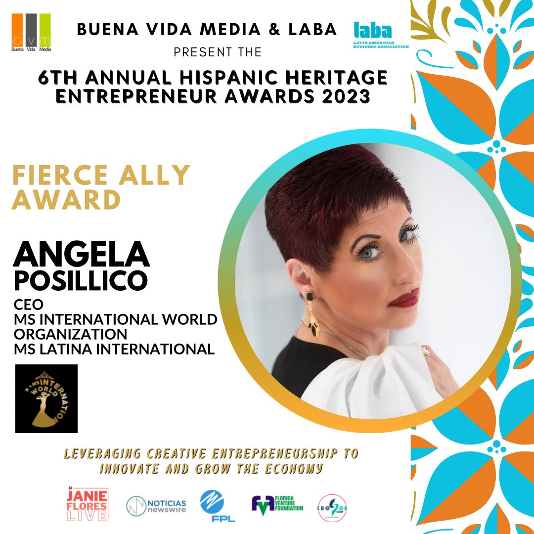 🏵️ <a href="/BuenaVidaMedia/">BuenaVida Media</a> &amp; <a href="/LABA_INFO/">LABA USA</a> present the 6th Annual Hispanic Heritage Entrepreneur Awards

🏵️Fierce Ally of the Year Award: Angela Posillico, CEO, Ms. International World <a href="/mslatinaintl/">Angela Posillico</a>
 
#HispanicHeritageEntrepreneurAwards #HispanicHeritageMonth