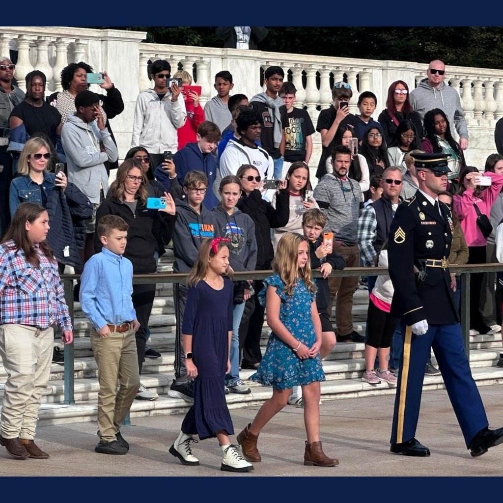 TGScottElem's tweet photo. A highlight of the 5th grade DC trip is always the Tomb of the Unknown Soldier, Arlington National Cemetery’s most iconic memorial. This year, Mary Ryan Bunt (TGS) and McKinley Sims (HES) had the honor of laying a wreath. Elijah Veal, HES,
Liam Cotton, KBS, also participated. https://t.co/XGhedXihiB