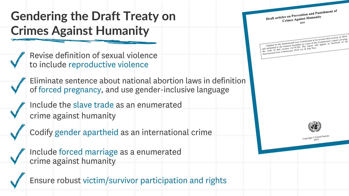 GlobalJusticeC's tweet photo. (1/6) TOMORROW: The UN #SixthCommittee will begin two days of debate on the draft crimes against humanity treaty.

Ahead of these historic proceedings, we are proud to publish several briefs that explore how the treaty could best address gender-based crimes. https://t.co/rPchBv2Sue